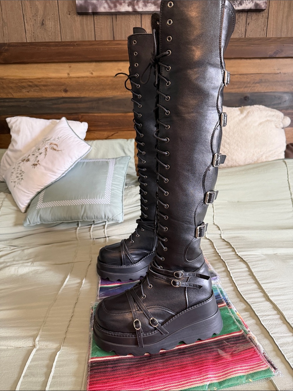 Black Thigh-High Platform Lace-Up Combat Boots
